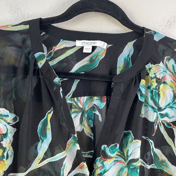 Chicos Womens 10 Blouse Sheer Black Floral Long Sleeve Button Up Shirt Top - Picture 9 of 11